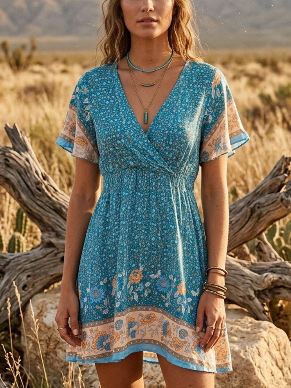 Shein | Boho Bohemian Aqua Blue Orange Floral Viscose Dress Summer Medium GUC